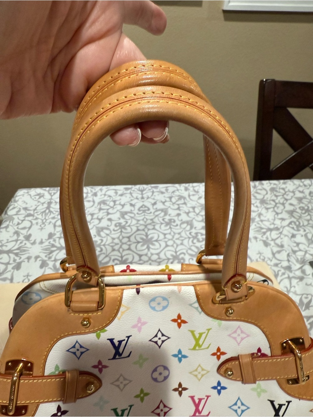 Louis Vuitton White Multicolor Monogram Canvas Shoulder Bag with Tan Trim - Picture 7 of 10